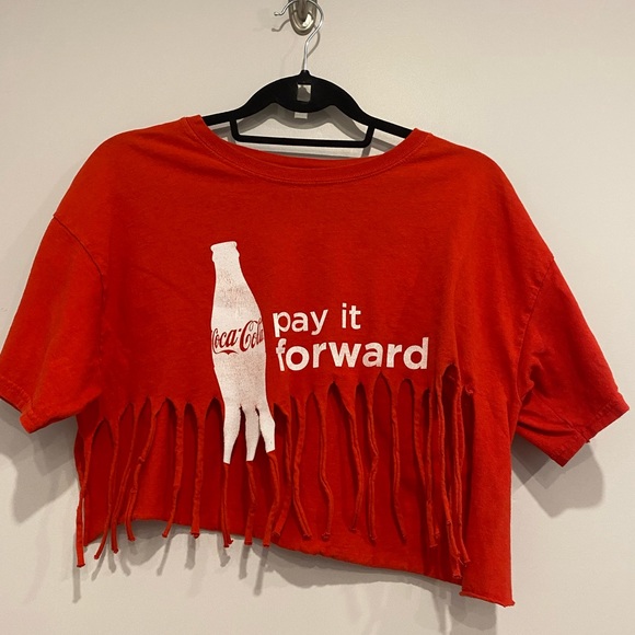 •2/$20• Coca-Cola “Pay It Forward” Fringed Cropped T-Shirt - Picture 2 of 5